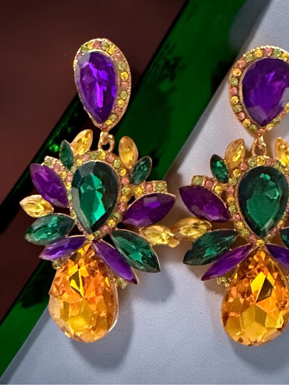 Colorful Teardrop Crystal Statement Earrings - Purple, Green & Yellow